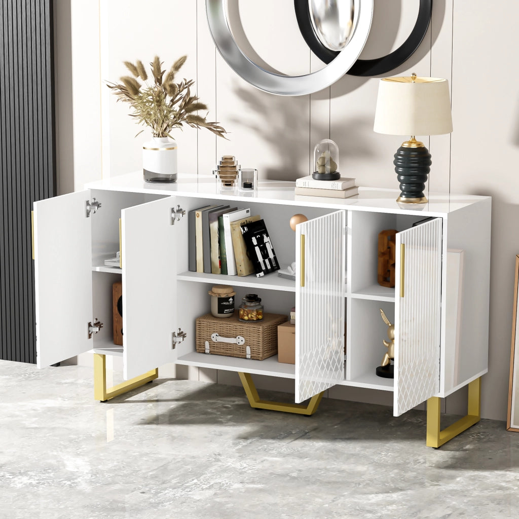 Credenza con 4 Ante; Motivo Geometrico 3D e Piedi in Metallo; Bianco Lucido; in MDF; 140??40??80 cm