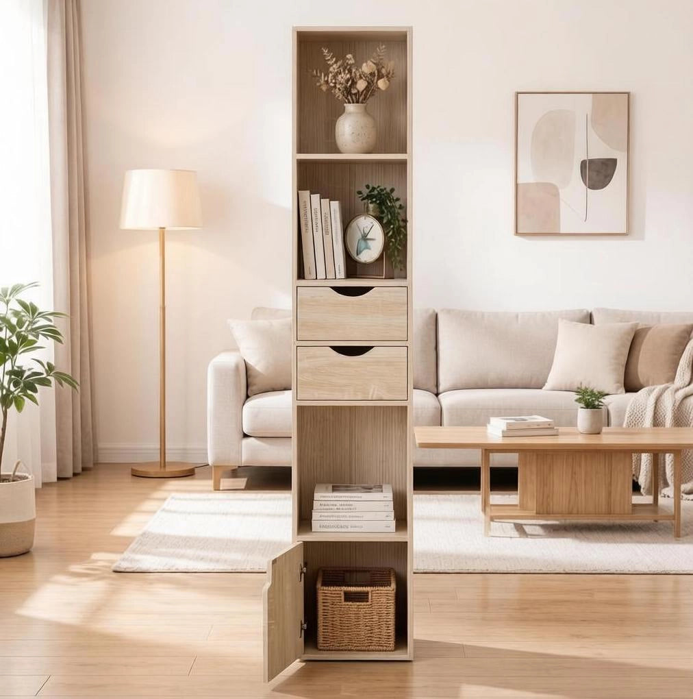 Libreria stretta in rovere chiaro con 2 cassetti e anta