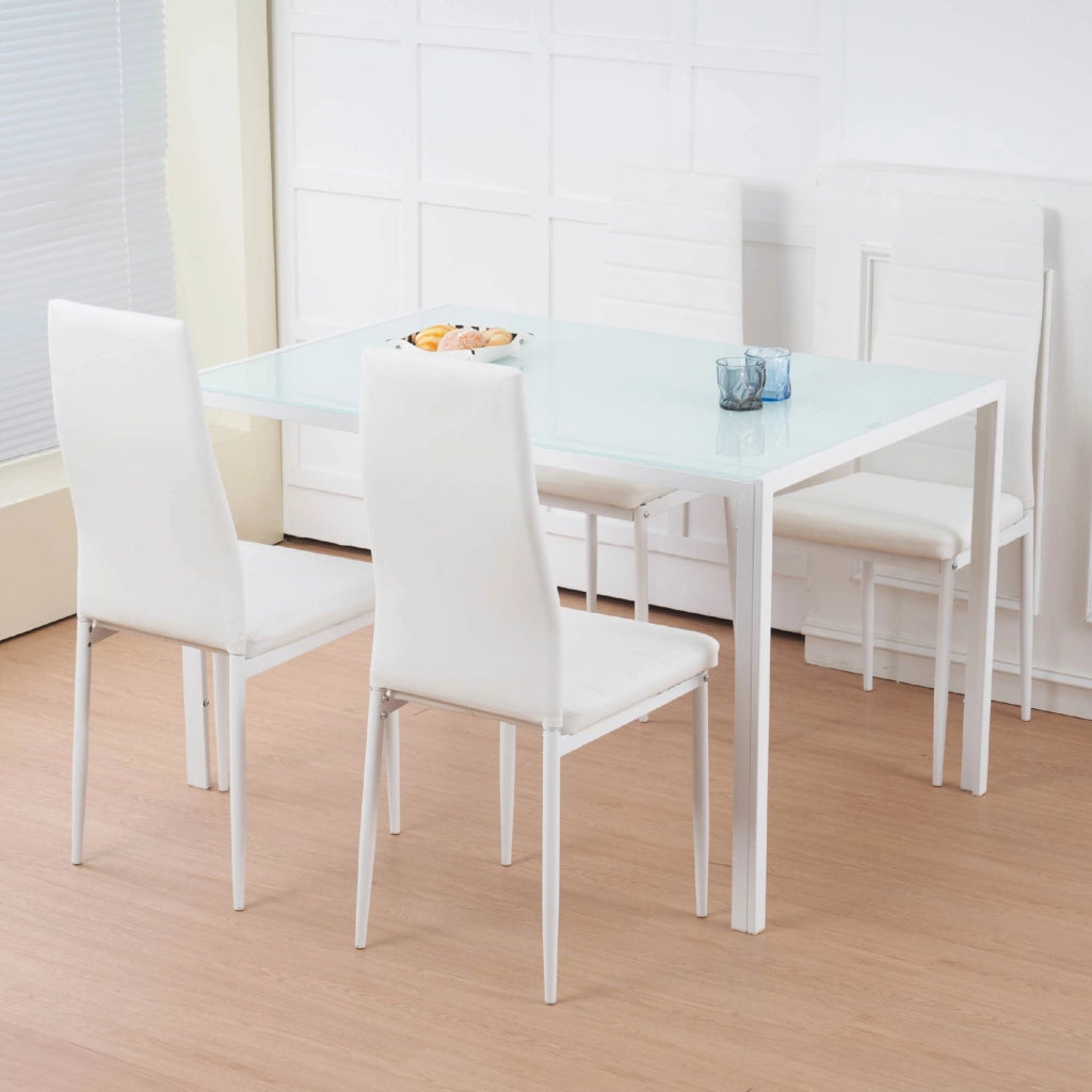 Set Sedie e Tavolo da Pranzo con Ripiano in Vetro Temperato e Sedia Imbottite in Similpelle Nera – Design Moderno, 4 o 6 Posti – Ideale per Cucina o Soggiorno   Bianco - 4 Posti