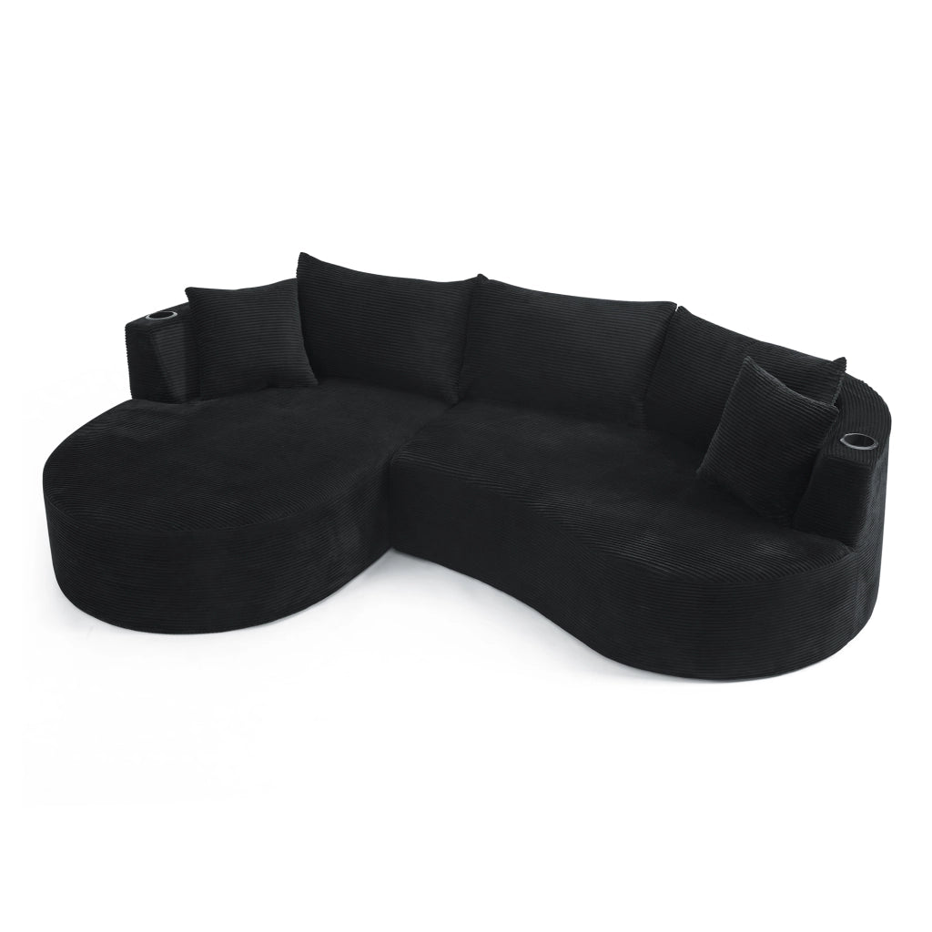 Divano 3 Posti con Chaise Longue Sinistra ¨C MINIMAL ¨C Tessuto a Coste, Nero, con Cuscini e Portabicchieri