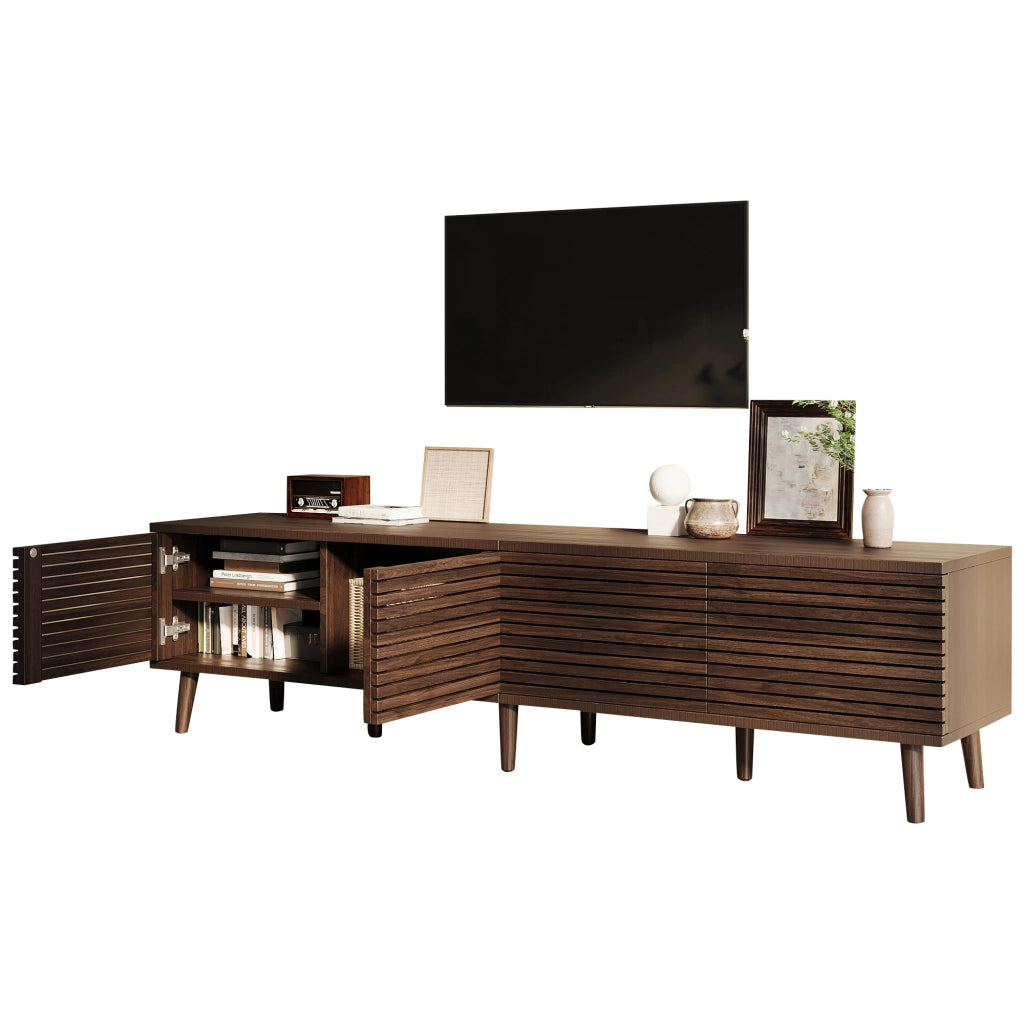 Mobile TV 180x40x46 cm per TV fino a 75 pollici, 4 ante a griglia, 6 vani interni, colore noce, MDF e truciolare