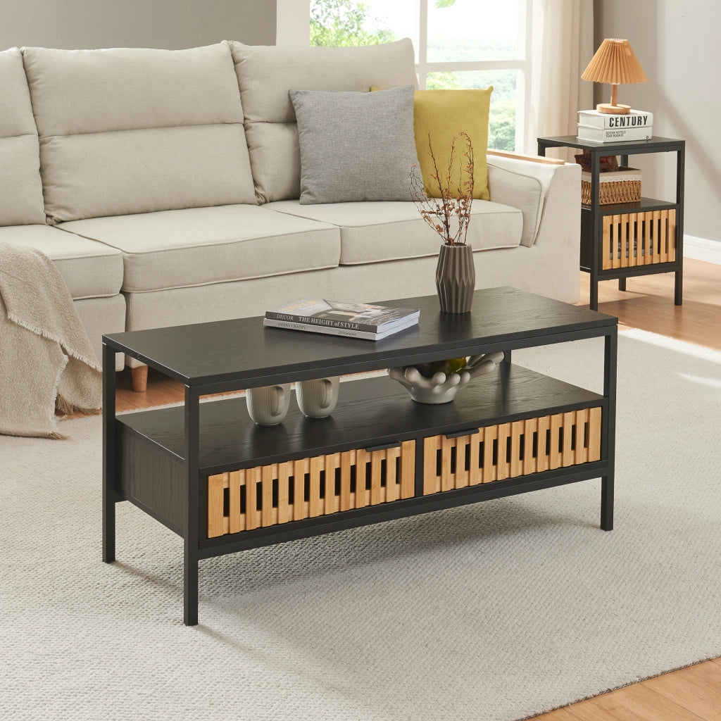 Tavolino da Salotto Luniehti con Ante in Bambù 100 x 40 x 48 cm - Nero/Naturale [en.casa]
