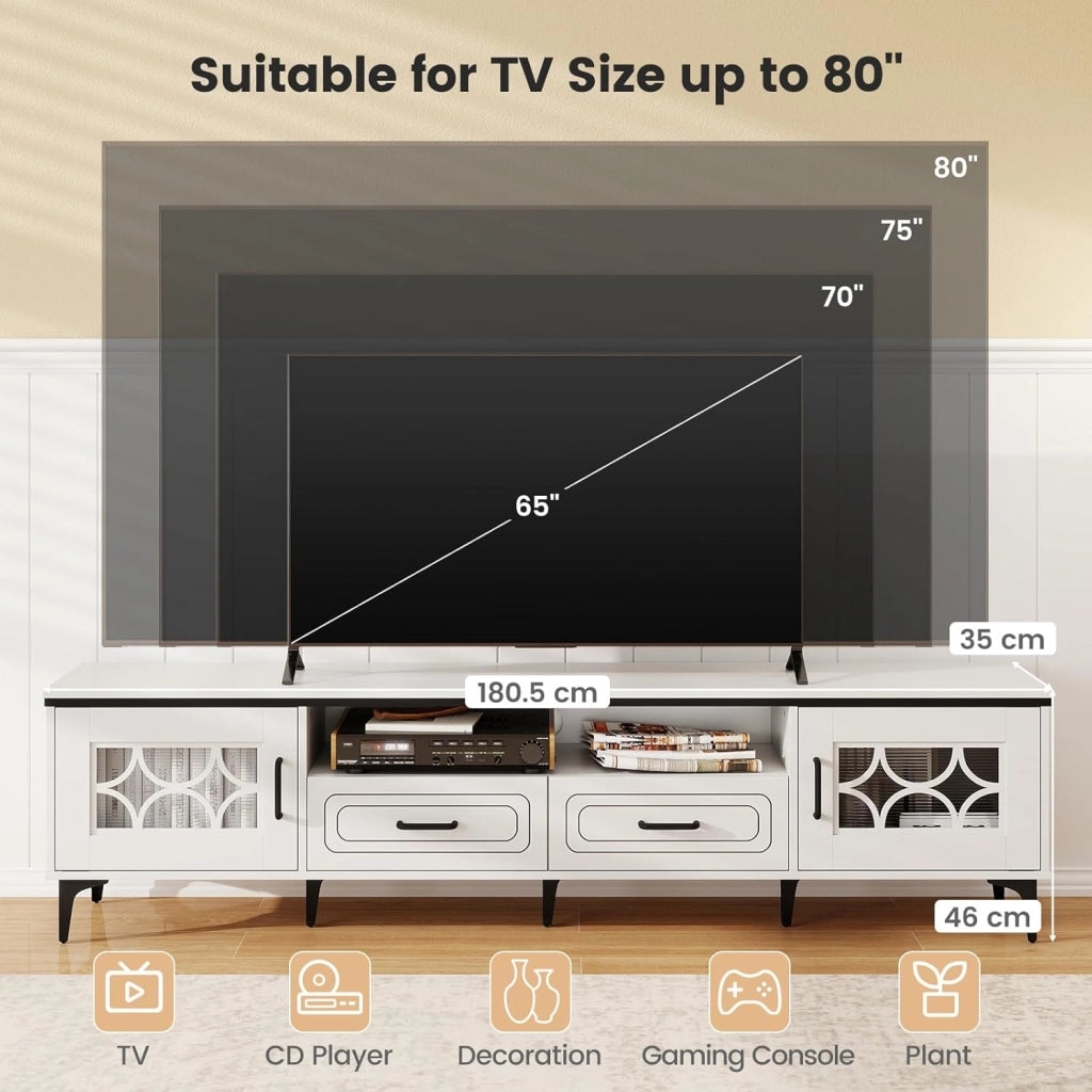 Mobile TV per TV fino a 80", supporto TV con scomparti aperti, armadi laterali e cassetti, 180,5 x 35 x 46 cm, porte con piano in PVC, per soggiorno, camera da letto (bianco)