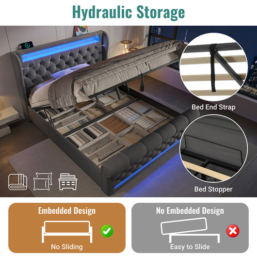 Letto matrimoniale-Xylo-160x200 cm-LED, USB-C, idraulico, velluto grigio