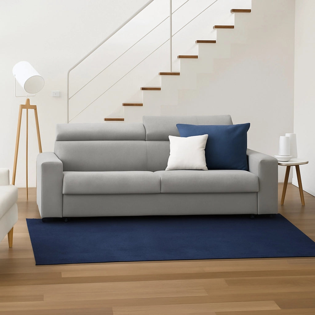 Divano Letto Algo, Divano a 3 posti, Made in Italy, SofÒ  Soggiorno con apertura girevole, con poggiatesta regolabili e Braccioli slim, cm 200x95h85, Grigio