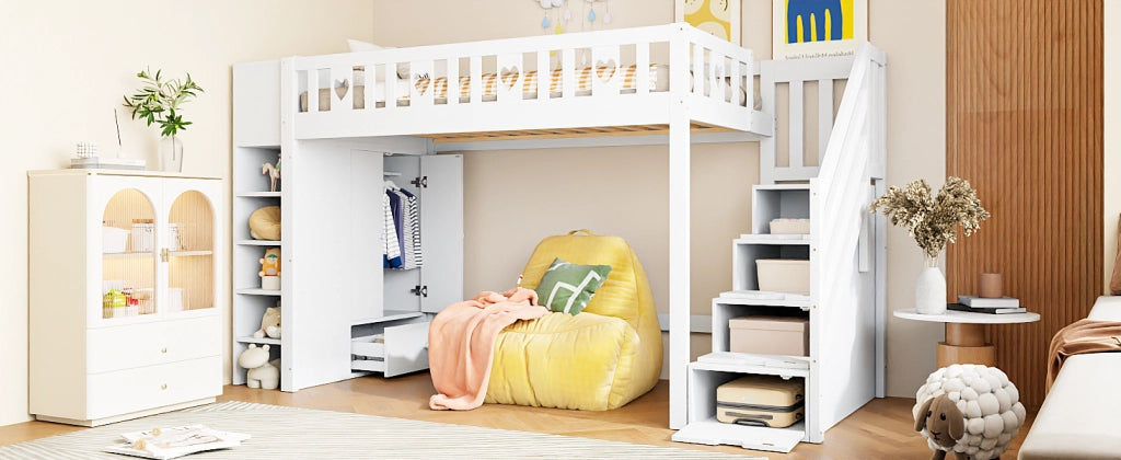 LETTO a soppalco 90x200 cm Bianco in pino e MDF con scala contenitore