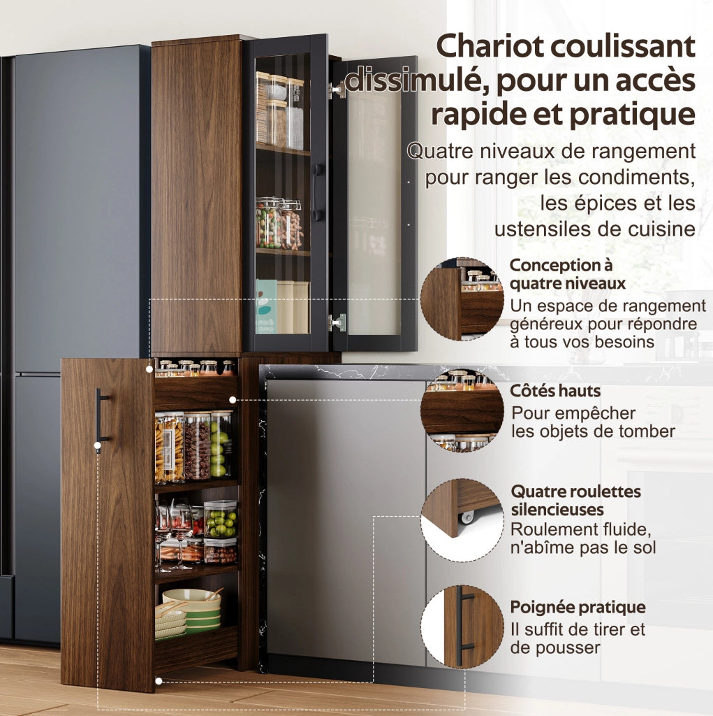Mobile dispensa sottile da cucina 60x30x180 cm con ante in vetro e carrello estraibile; MDF nero e naturale
