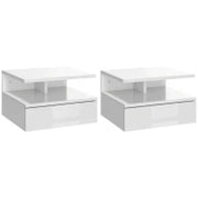 Set da 2 Comodini Moderni Sospesi con Cassetto e Mensola in Legno 35x32x22.5cm, Bianco Lucido
