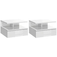 Set da 2 Comodini Moderni Sospesi con Cassetto e Mensola in Legno 35x32x22.5cm, Bianco Lucido