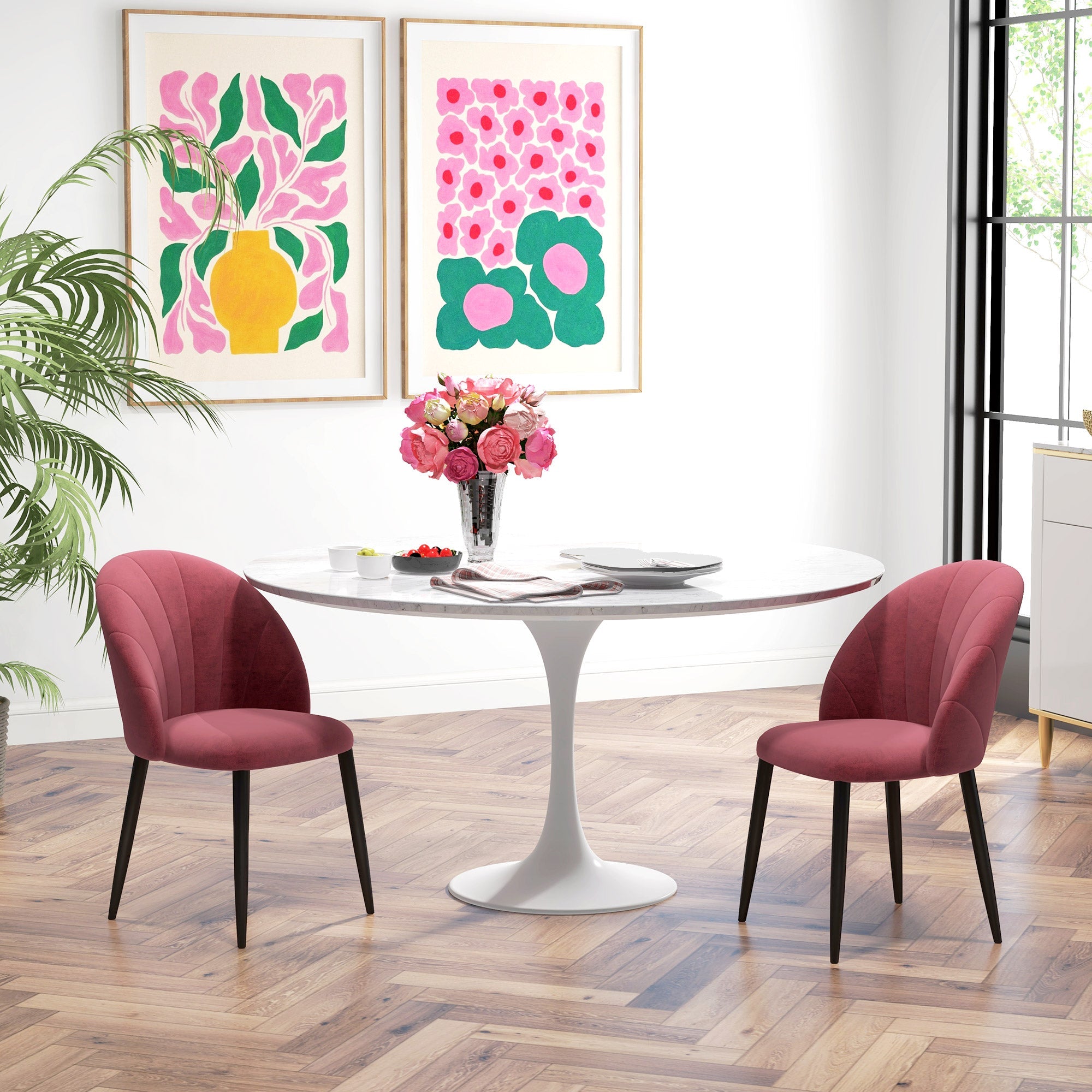 Set 2 Sedie da Pranzo in Velluto Imbottite 52x54x79 cm con Gambe in Metallo Rosso Antico