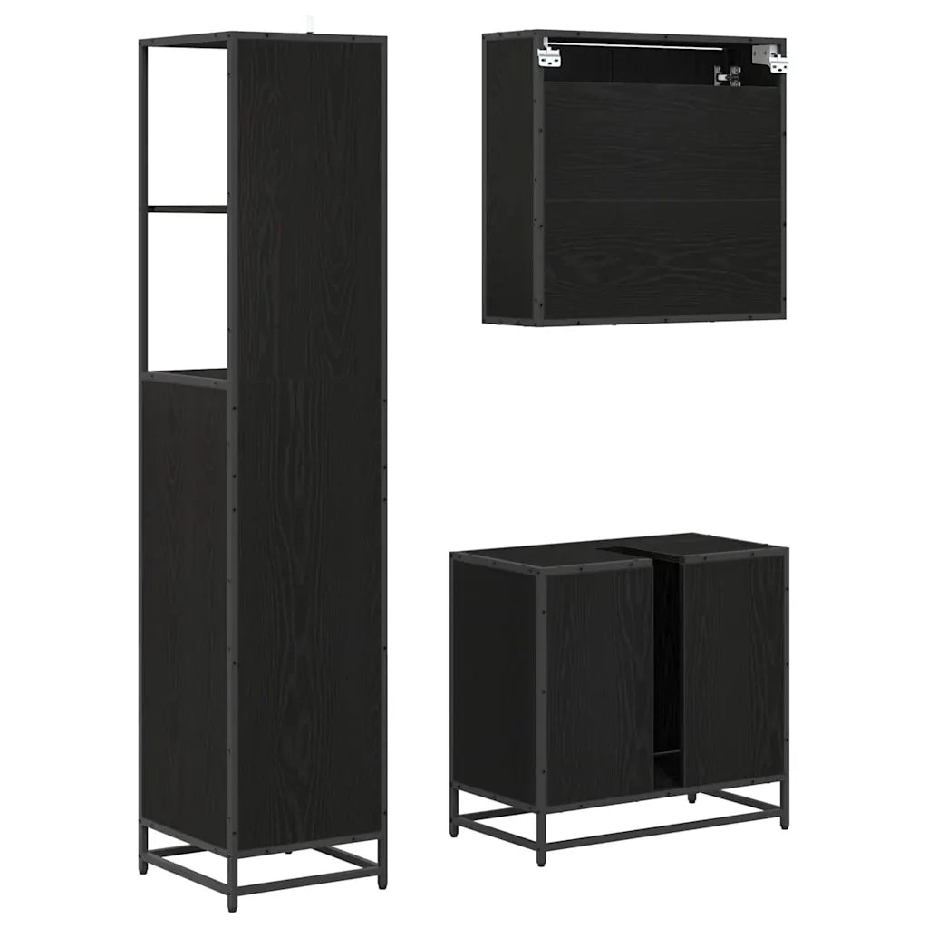 Set di mobili per il Bagno | Armadio da bagno 3 pz Rovere Nero Legno multistrato