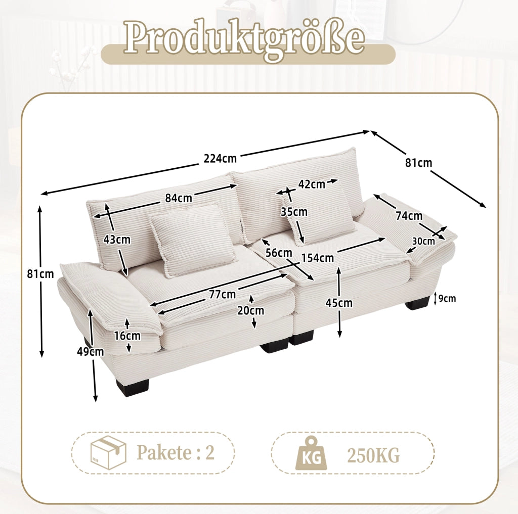 Divano 2 posti in velluto beige con seduta profonda 224 cm
