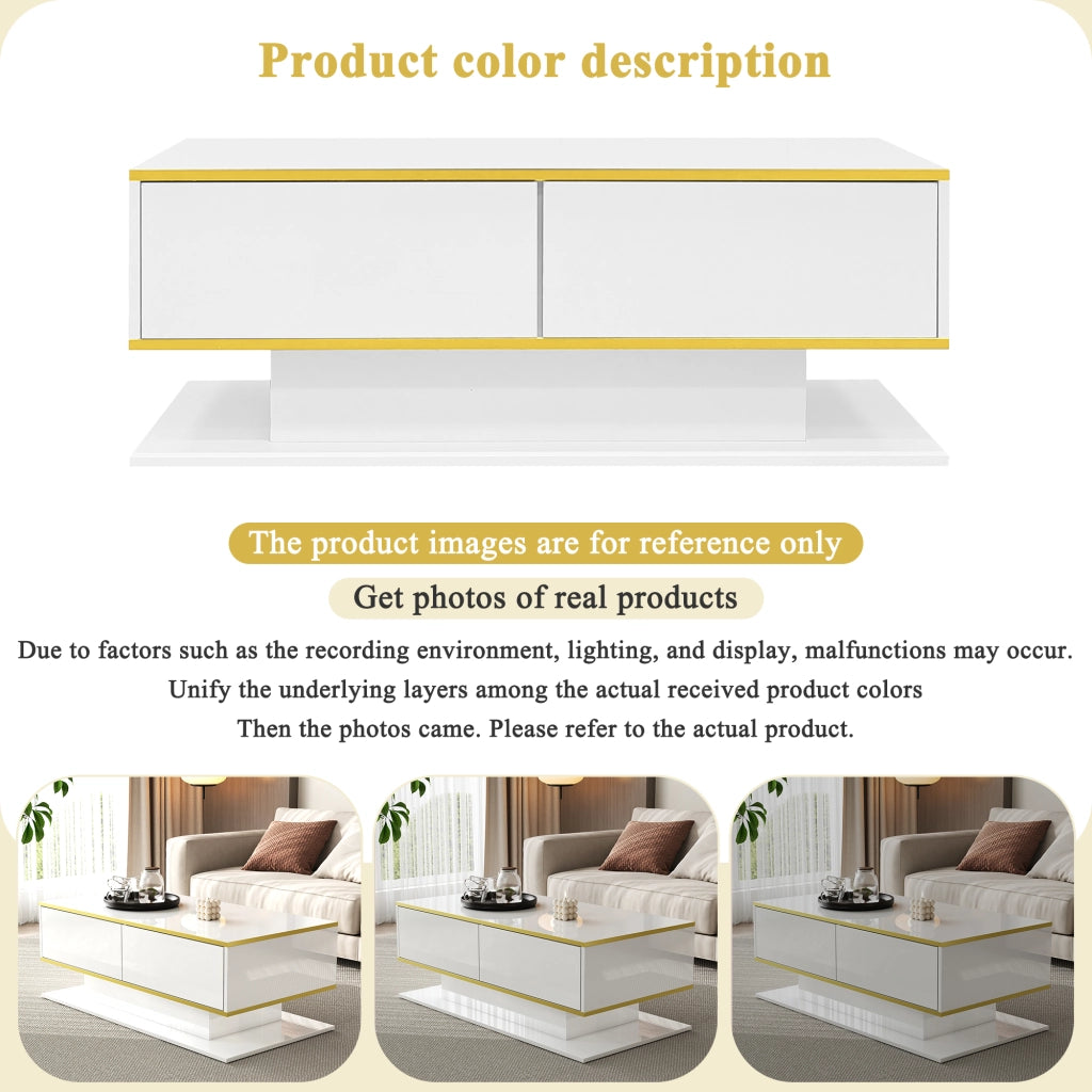Tavolino da Caffè con 3 Cassetti e Vano Aperto e LED; Bianco Lucido; Decoro Oro; 100×50×40 cm; in Pannello Truciolare