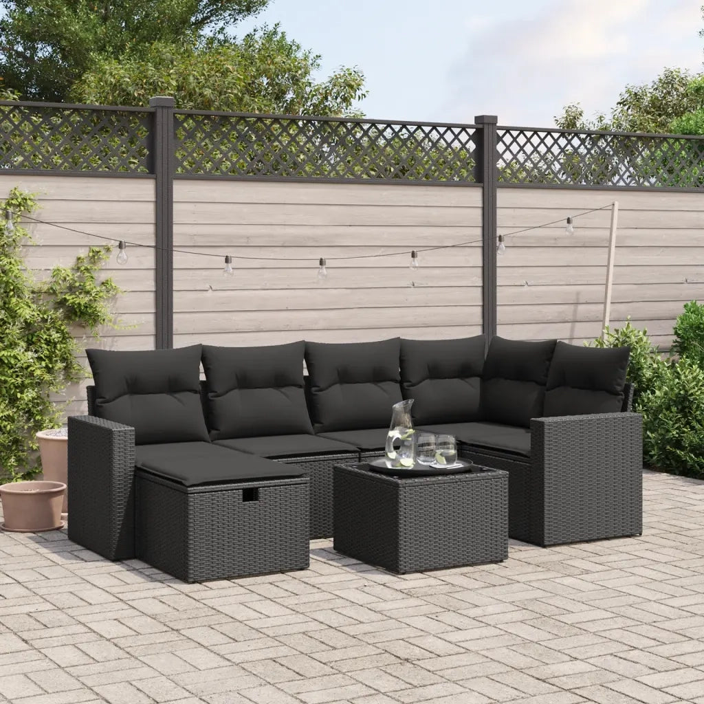 Set Divani da Giardino con Cuscini 7pz Nero Polyrattan