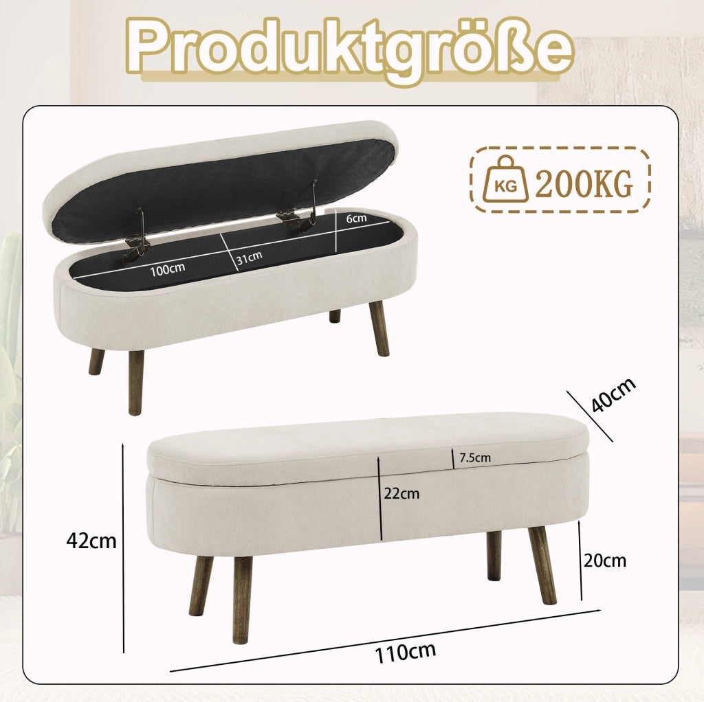 Panca contenitore ovale in chenille beige 110x40x42 cm