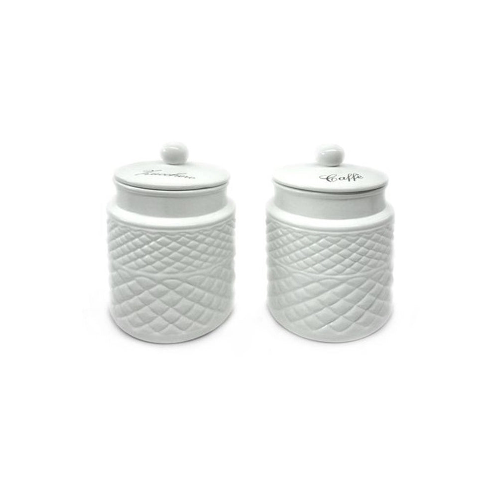 Set 2 Barattoli Contenitori da Cucina Zucchero Caffè in Ceramica Bianco