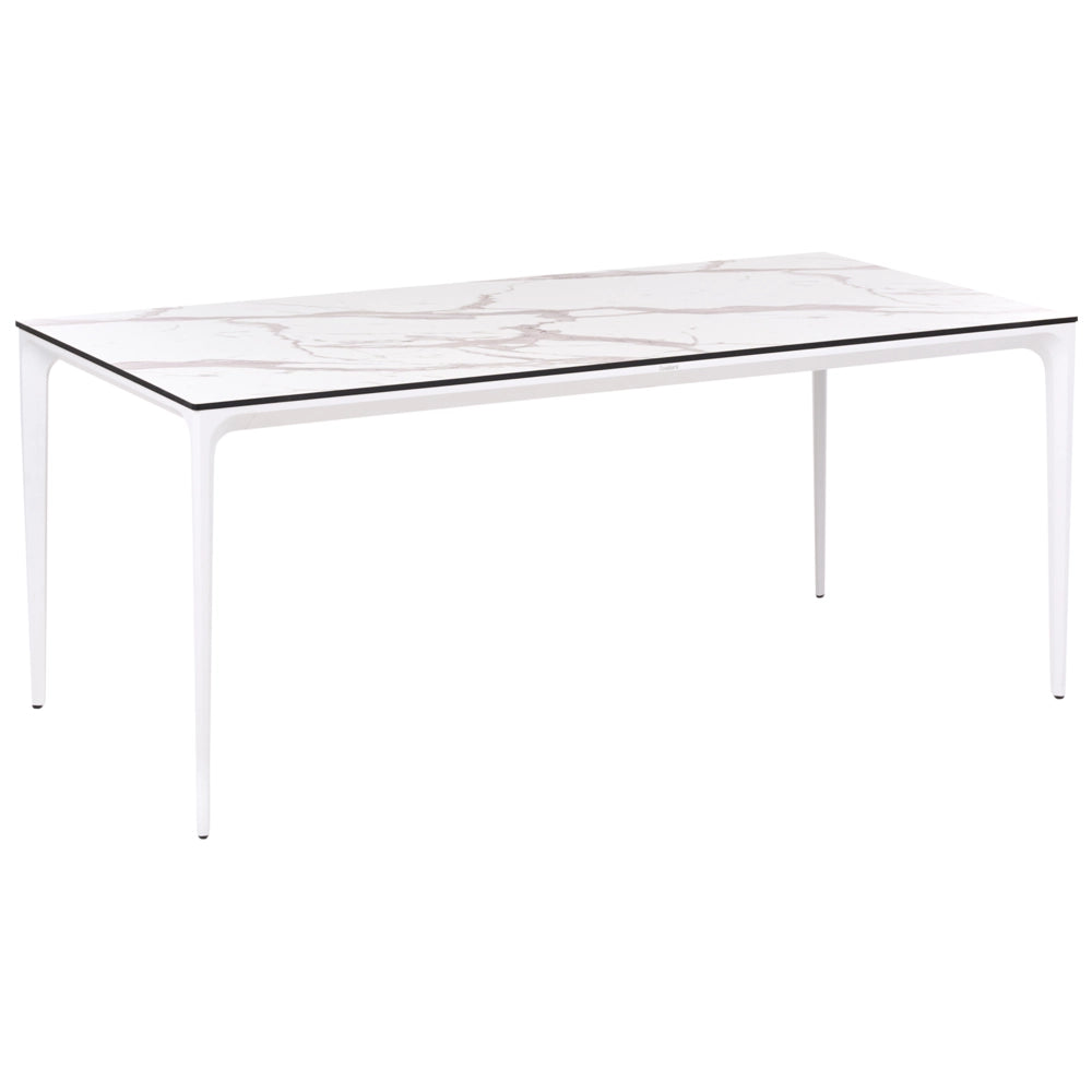 Tavolo da pranzo da giardino Piano in HPL bianco Telaio in alluminio bianco Resistente ai raggi UV all'acqua e alla ruggine Stile moderno del patio esterno