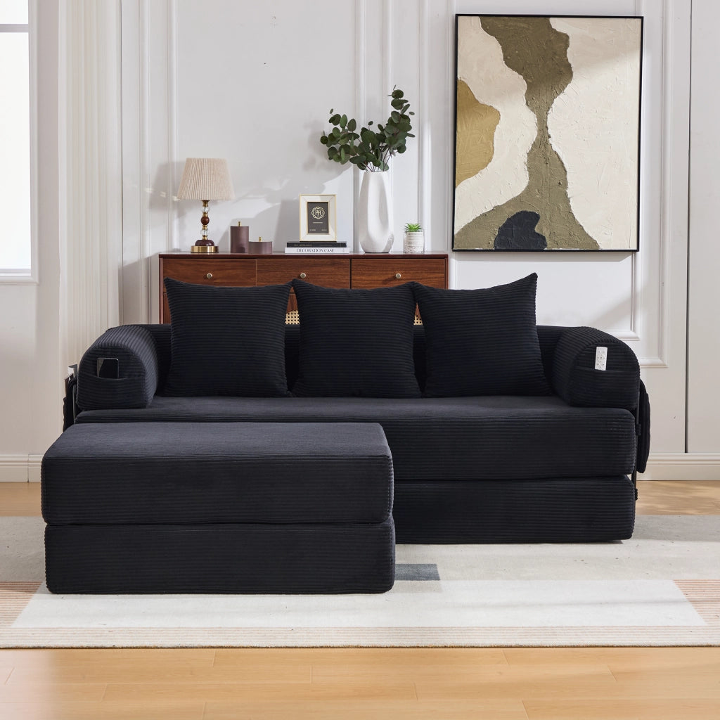 Divano modulare in velluto a coste nero con pouf; 3 cuscini e tasca laterale; 200x190x67 cm