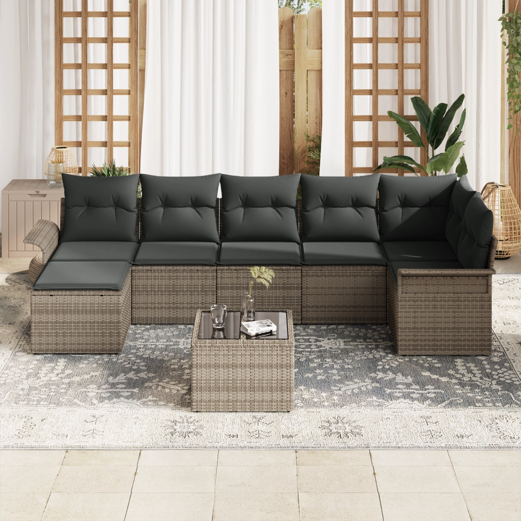 Set di Divani da Giardino a 7 Pezzi con Cuscini in Rattan Polimerico Nero