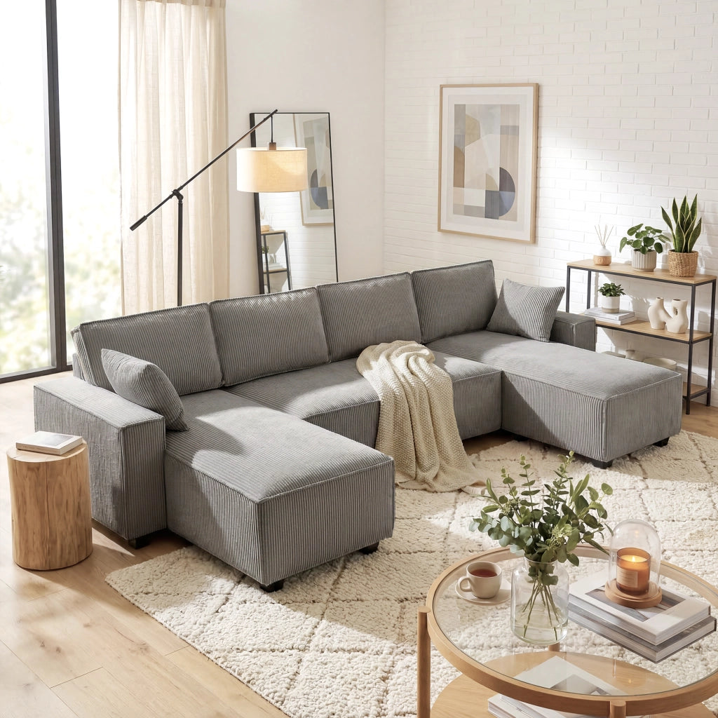 Divano angolare con chaise longue ¨C Zephmum ¨C Tessuto grigio chiaro 270x220x90