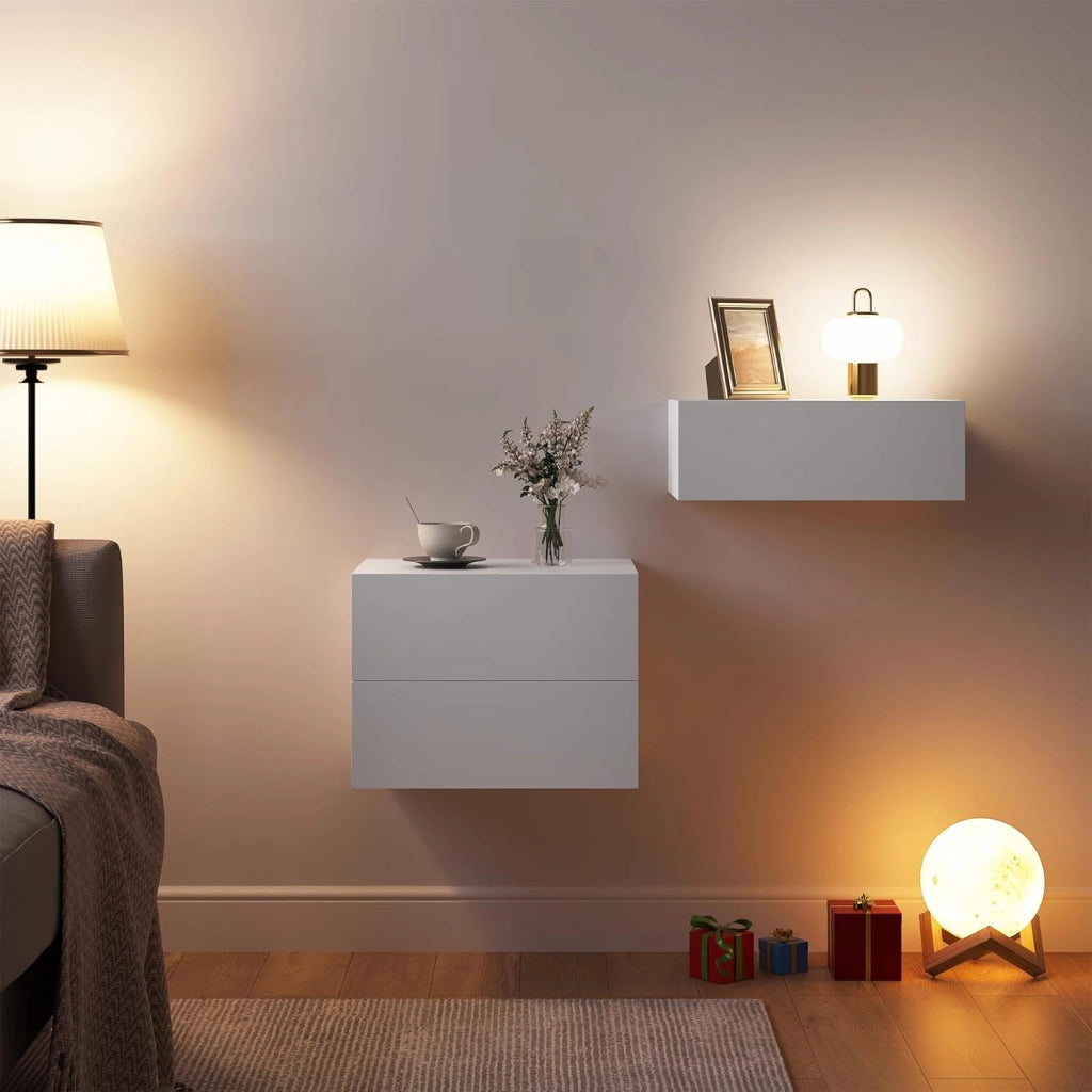 Set di 2 Comodini Sospeso con Cassetto, Comodino Galleggiante, 40x30x14 cm, Comodino a Parete Mensola da Letto, Mobili per Camera da Letto in Legno, Salvaspazio, Moderno, Bianco, NTS24ws-2