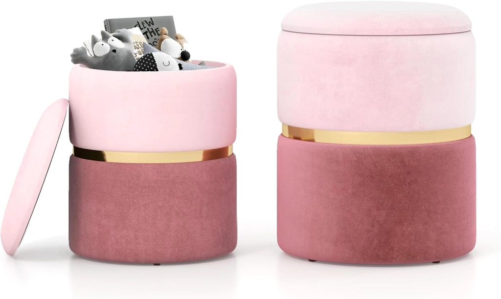 Set di 2 pouf moderni imbottiti con fascia in acciaio inox dorato e seduta imbottita, sgabello rotondo in velluto per soggiorno, camera da letto, sala trucco, rosa, 32 l + 21 l