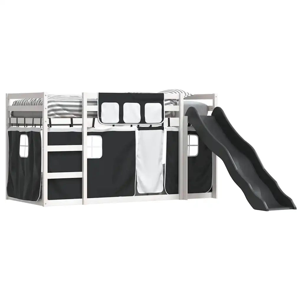 Letto a Castello con Scivolo e Tende Bianco e Nero 80x200 cm