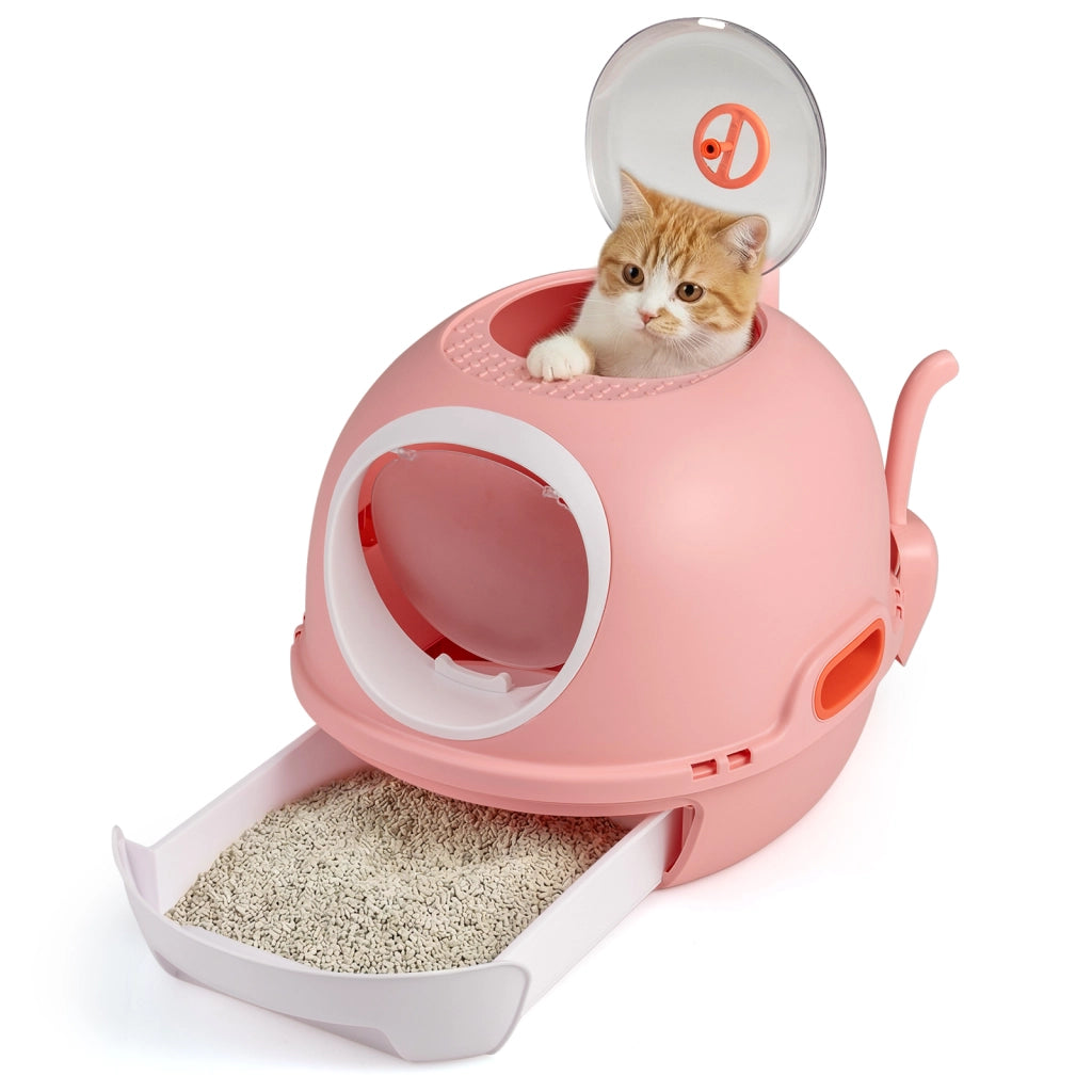 Lettiera per gatti con coperchio stile elicottero  frontale uscita ribalta-Toilette per gattini cassetto portatile piccoli medi fino a 10 kg Rosa