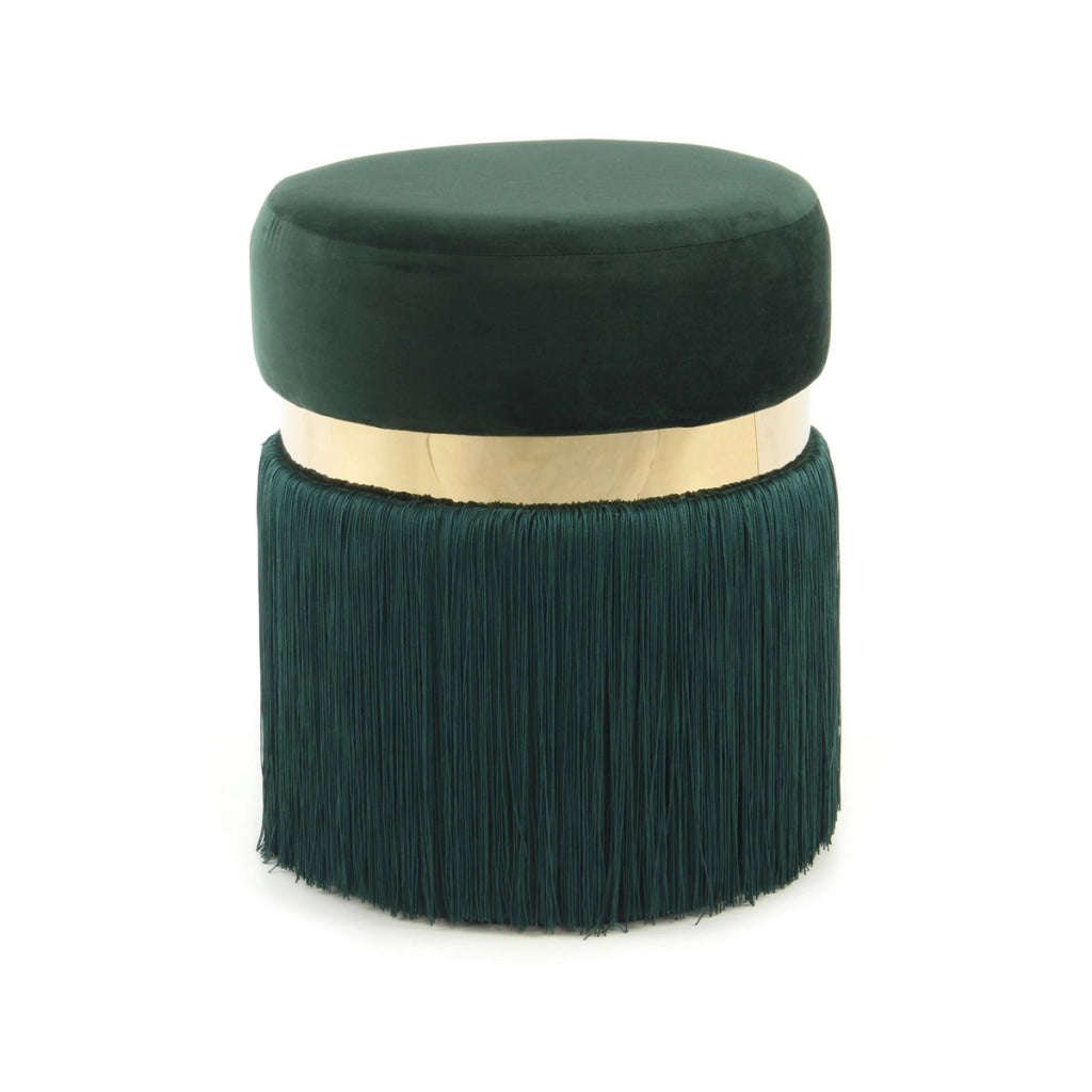 Pouf di design Rebecca con frange e anello dorato verde