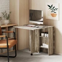 Tavolo a Ribalta con 2 Ripiani Inferiori per 6 Persone Max, in Legno 140x75x74 cm, Grigio