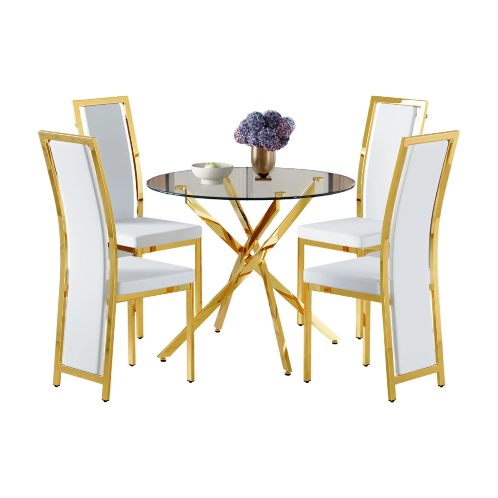 Set tavolo da pranzo e sedie con 1 tavolo rotondo e 4 sedie in vetro temperato metallo e PU bianco e oro