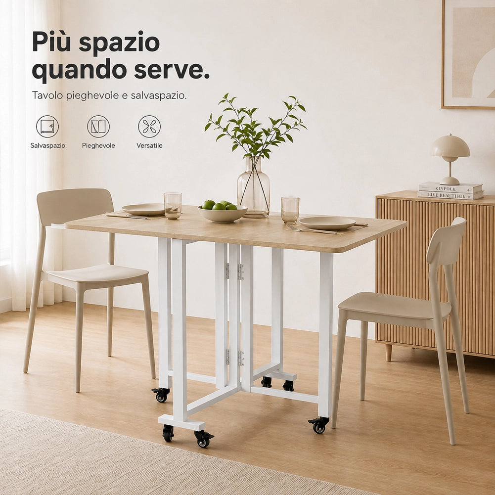 Tavolo Pieghevole da Pranzo Scrivania Multiuso con Ruote Quercia 120x80x75cm