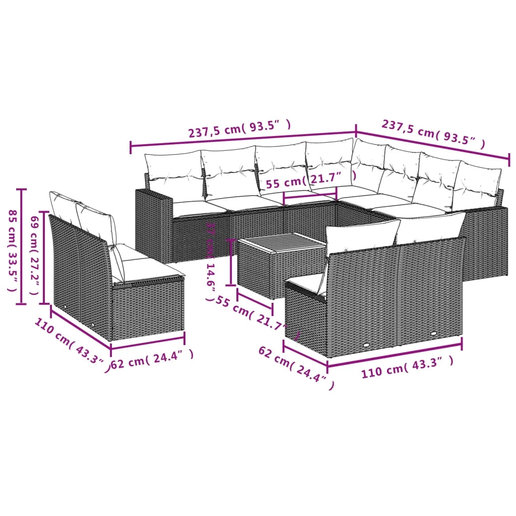Set Divani da Giardino 12 pz con Cuscini Beige in Polyrattan