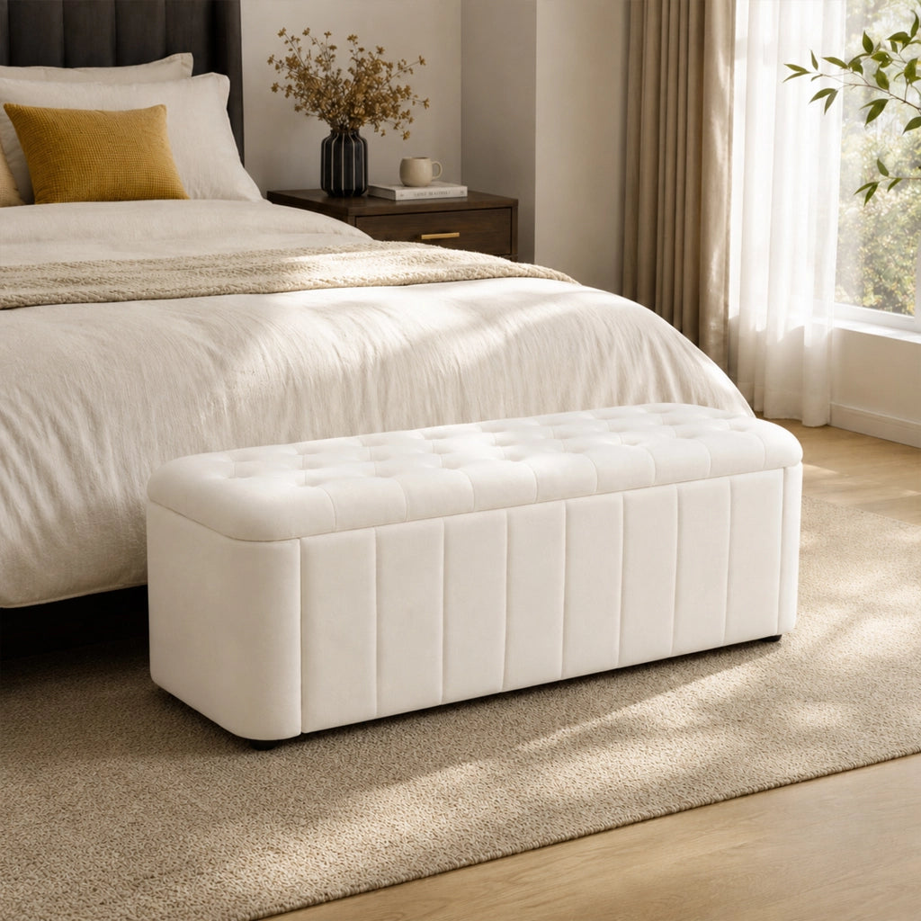 Panca Contenitore in Velluto Capitonné con Spazio Interno, Bordi Arrotondati, Beige