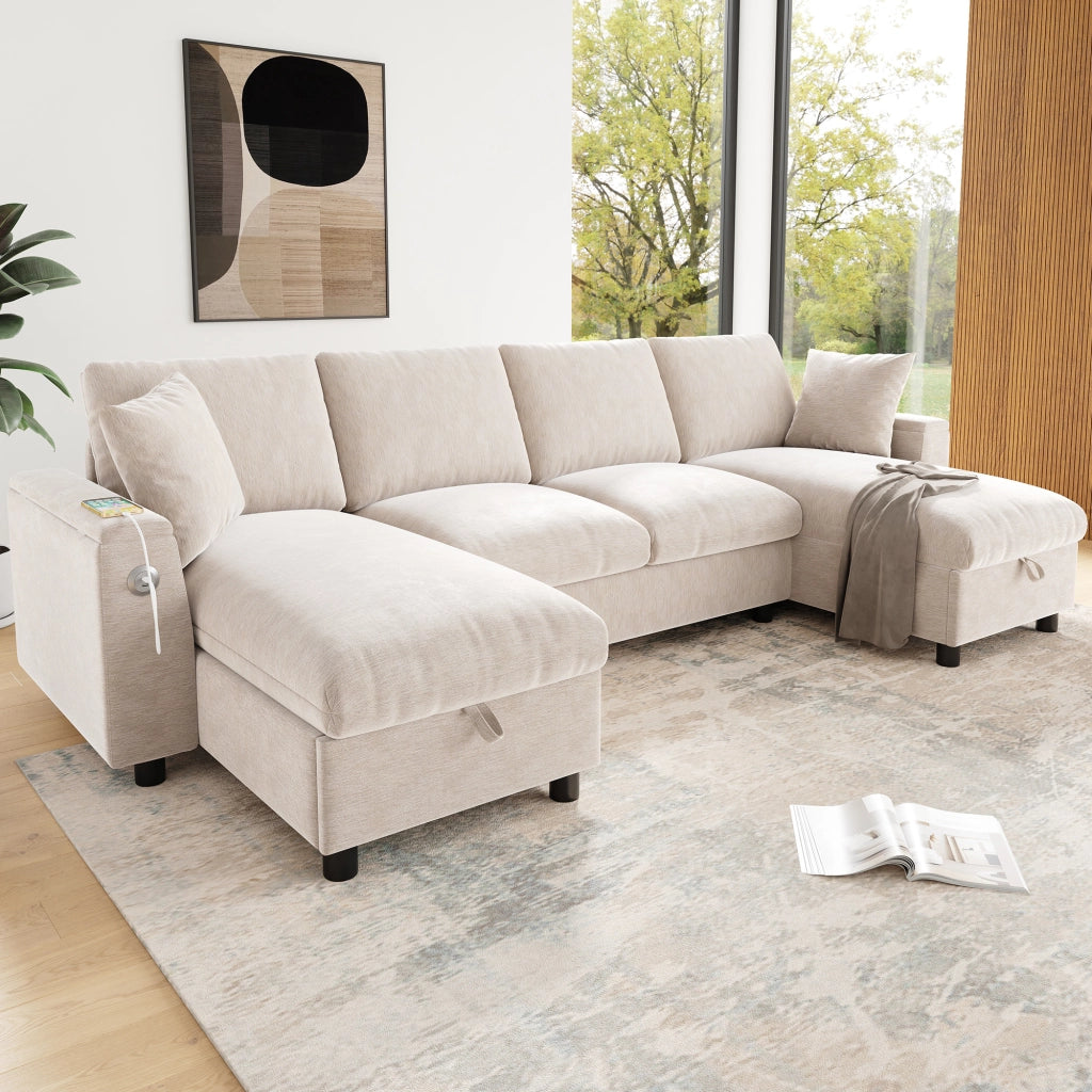Divano a U con chaise longue e contenitore, porte USB e Type-C, in ciniglia beige, 279 × 135 × 84 cm