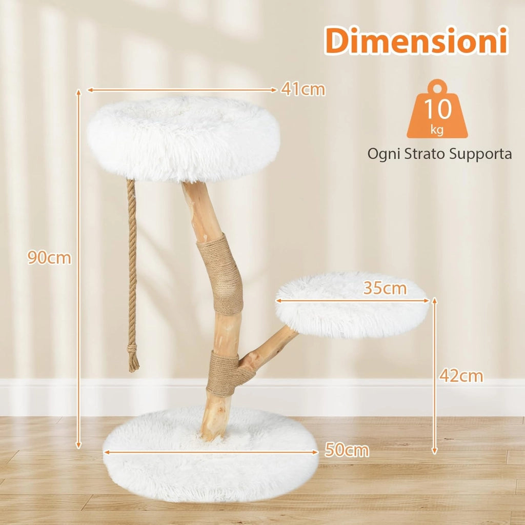 Albero per Gatti 90 cm, Torre Moderna in Legno con Piattaforme, Tiragraffi in Luta Naturale e Corda, Albero Tiragraffi per Animali Domestici (Bianco)