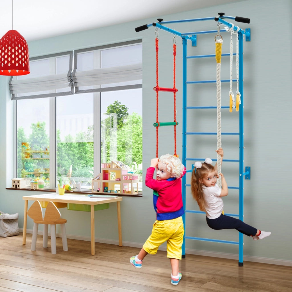 Set di sbarre in acciaio da parete per bambini, Sbarra per trazioni con scala a corda anelli da ginnastica Blu-Giocattoli educativi