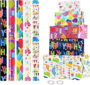 Papier da Regalo per Bambini - 5 Rotoli 43cm x 300cm - Reciclabile per Feste di Compleanno per Ragazzi