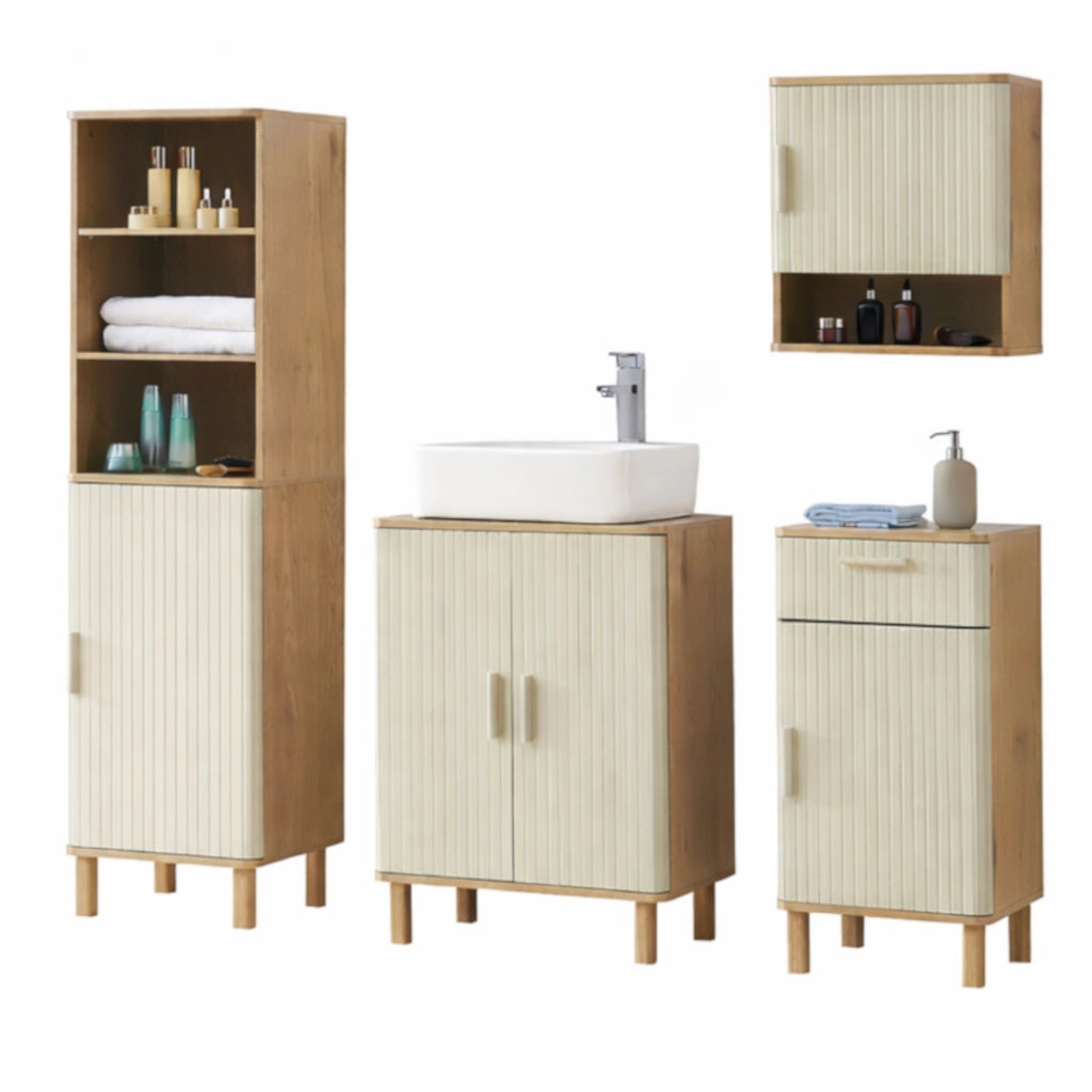 Set da 4 Pezzi per Bagno Ferrersp con Mobile da Terra Pensile da Parete Mobile Colonna e Mobile Sottolavabo - Effetto Rovere/Avena Oatmeal [en.casa]