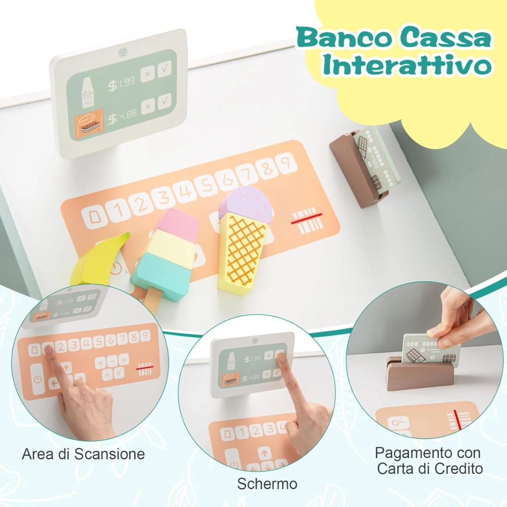 Mercato Giocattolo per Bambini con Cassa, Negozio Giocattolo in Legno con Macchina Caffè e Distributore Automatico, Banco Mercato Giocattolo con Scaffali e 30 Accessori, per Bambini 3+ Anni