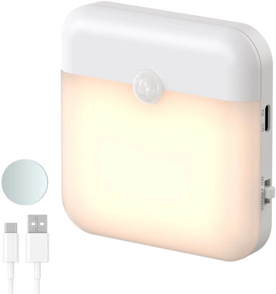 Lampada LED a LED a luce calda, con sensore di movimento e sensore di luce, ricaricabile, funzionante con batterie, per camera da letto, corridoio, armadio