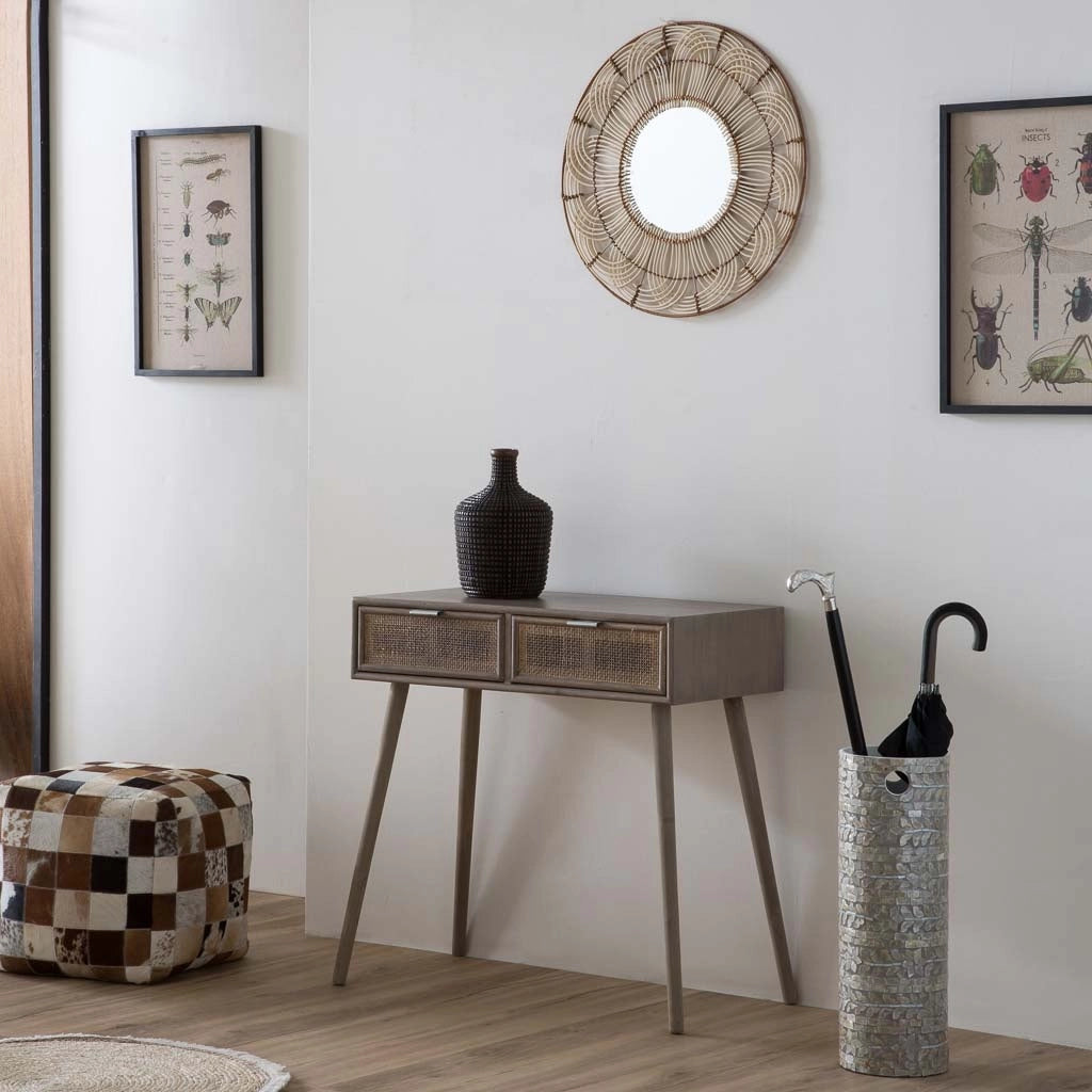 Mobile da ingresso in legno e griglia in bambù con 2 cassetti grigi 80x42x79h