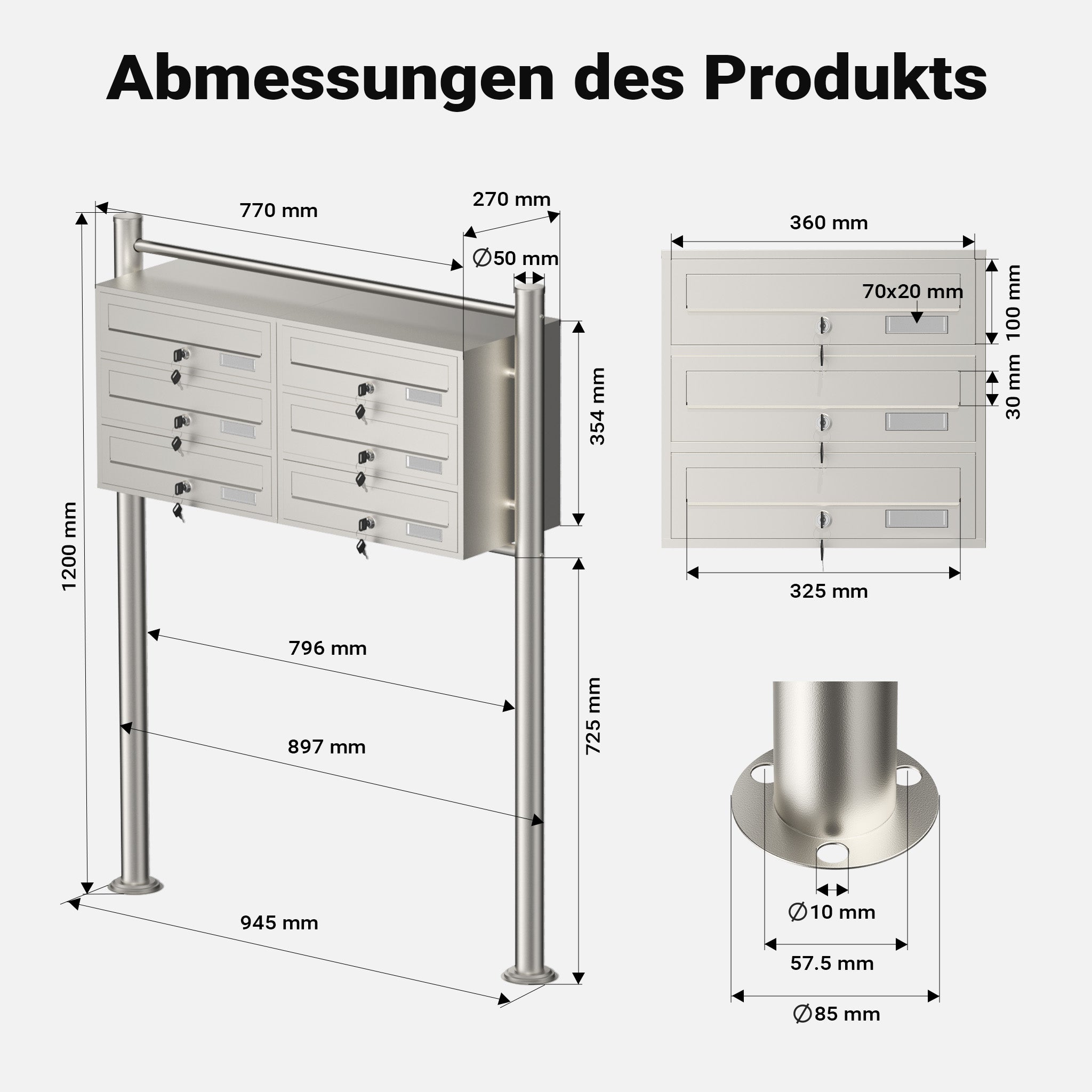 Cassetta postale condominiale autoportante, 6 posti, acciaio inox, 945 x 270 x 1200 mm, 2 moduli