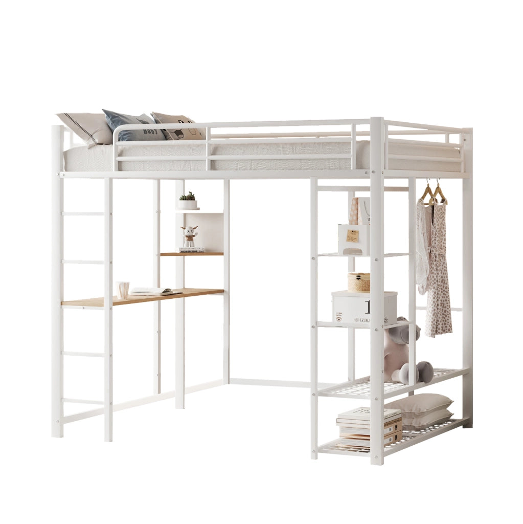 Letto a soppalco singolo 90x200 cm con scrivania, armadietto e scala, struttura in metallo bianco