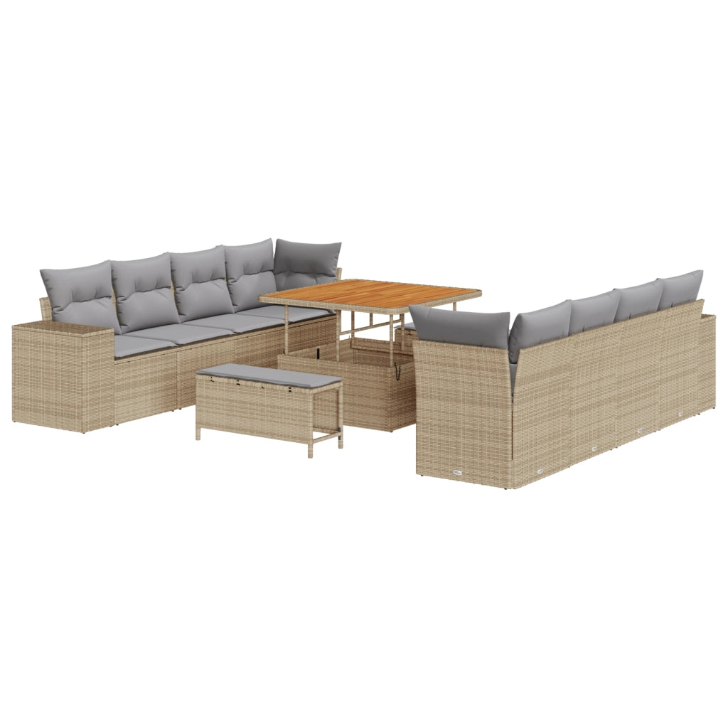 Set Divano da Giardino a 11 Pezzi con Cuscini Beige Polyrattan