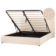 Letto matrimoniale in tessuto bouclé beige testata classica contenitore 160 x 200 cm Doghe in legno