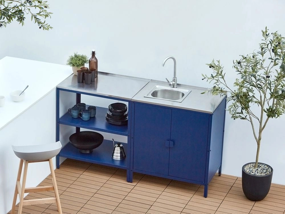 Isola da esterno in acciaio inox verde 80 x 50 x 92 cm 2 ripiani con top Cucina da giardino da pranzo
