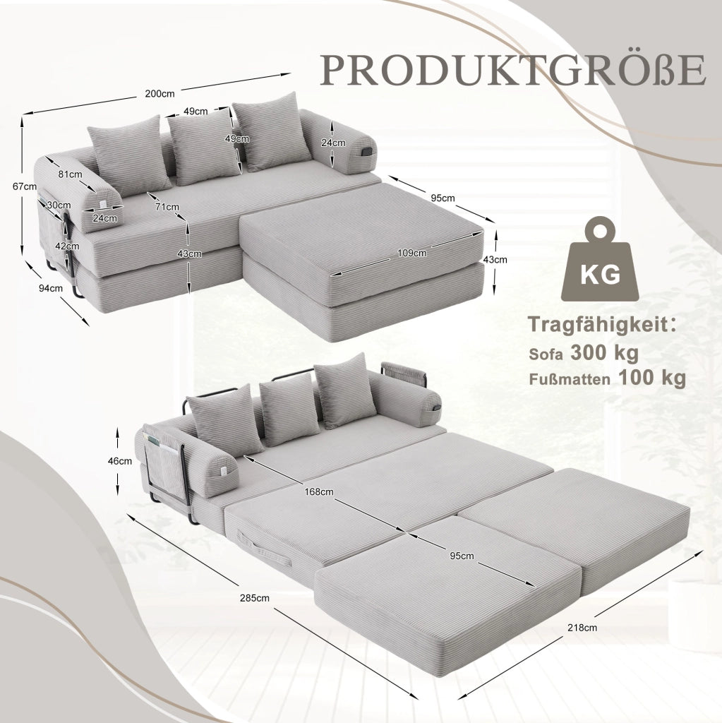 Divano modulare in velluto a coste con pouf, grigio chiaro