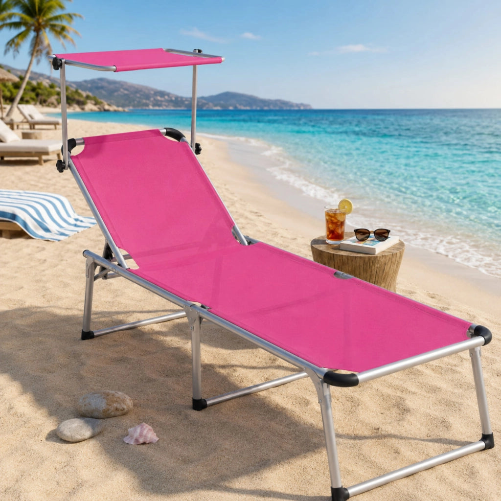 Lettino Pieghevole Prendisole Con Tettuccio Parasole Schienale Reclinabile Regolabile in 6 Posizioni Sedia Sdraio Per Spiaggia Mare Giardino Piscina 187 x 59 x 29 Cm Rosa