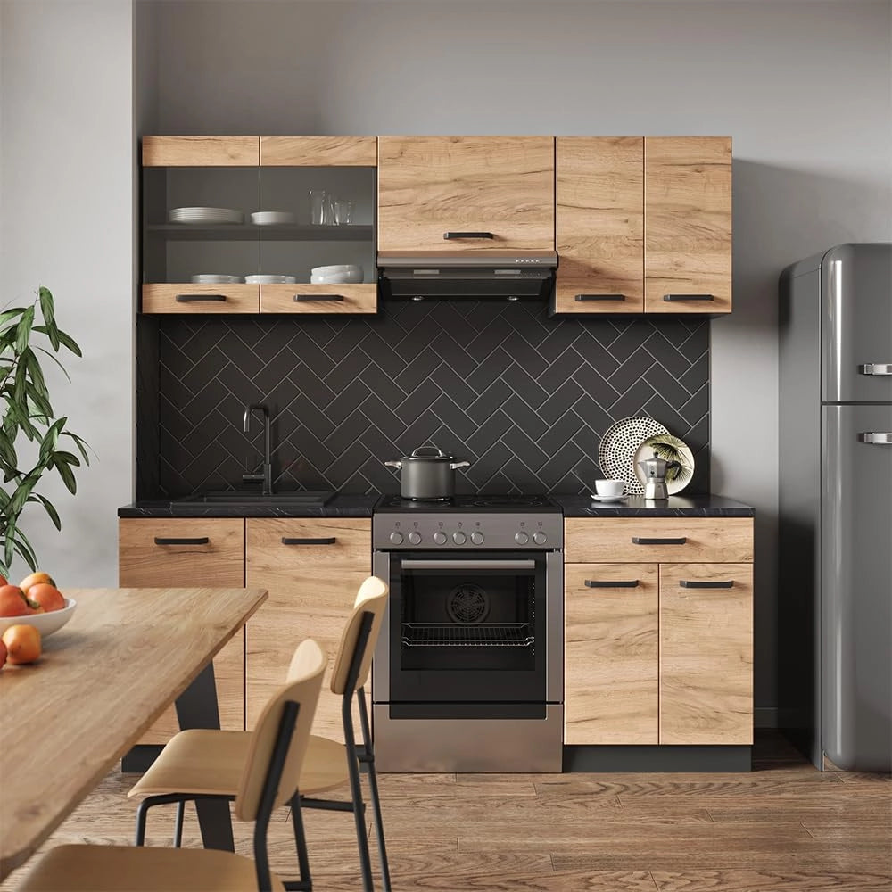 Cucina componibile R-Line, Quercia dorata/antracite, 200 cm, PL Antracite, adatto per l'espansione individuale con moduli aggiuntivi